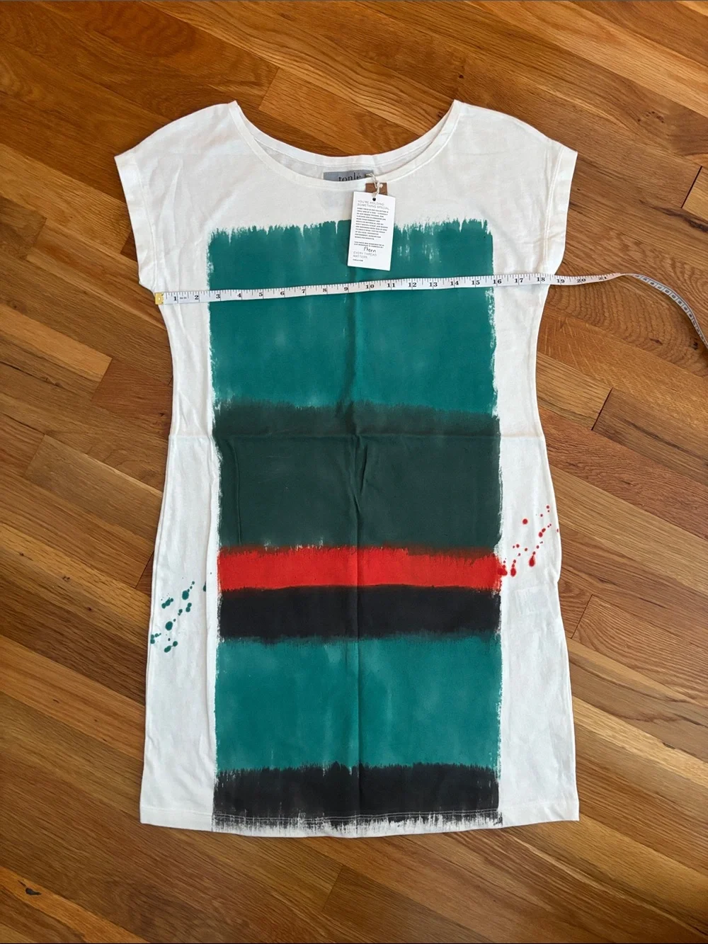 tonle White Mini Dress with Teal, Dark Teal and Red Stripes